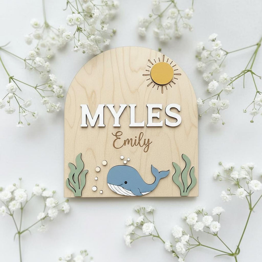Personalized Baby Name Sign, Whale Nursery Decor, Custom Baby Name Plaque Wood, Ocean Theme Nursery Wall Sign