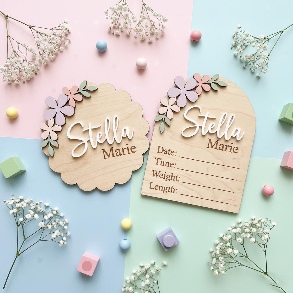 Pastel Floral Birth Stats Sign | Multi Style Arch or Scallop Wooden Plaque | 3D Name Baby Girl Announcement | Nursery Photo Prop