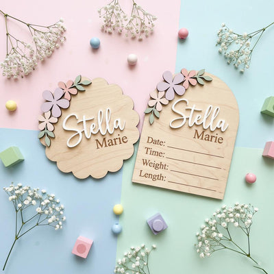 Pastel Floral Birth Stats Sign | Multi Style Arch or Scallop Wooden Plaque | 3D Name Baby Girl Announcement | Nursery Photo Prop