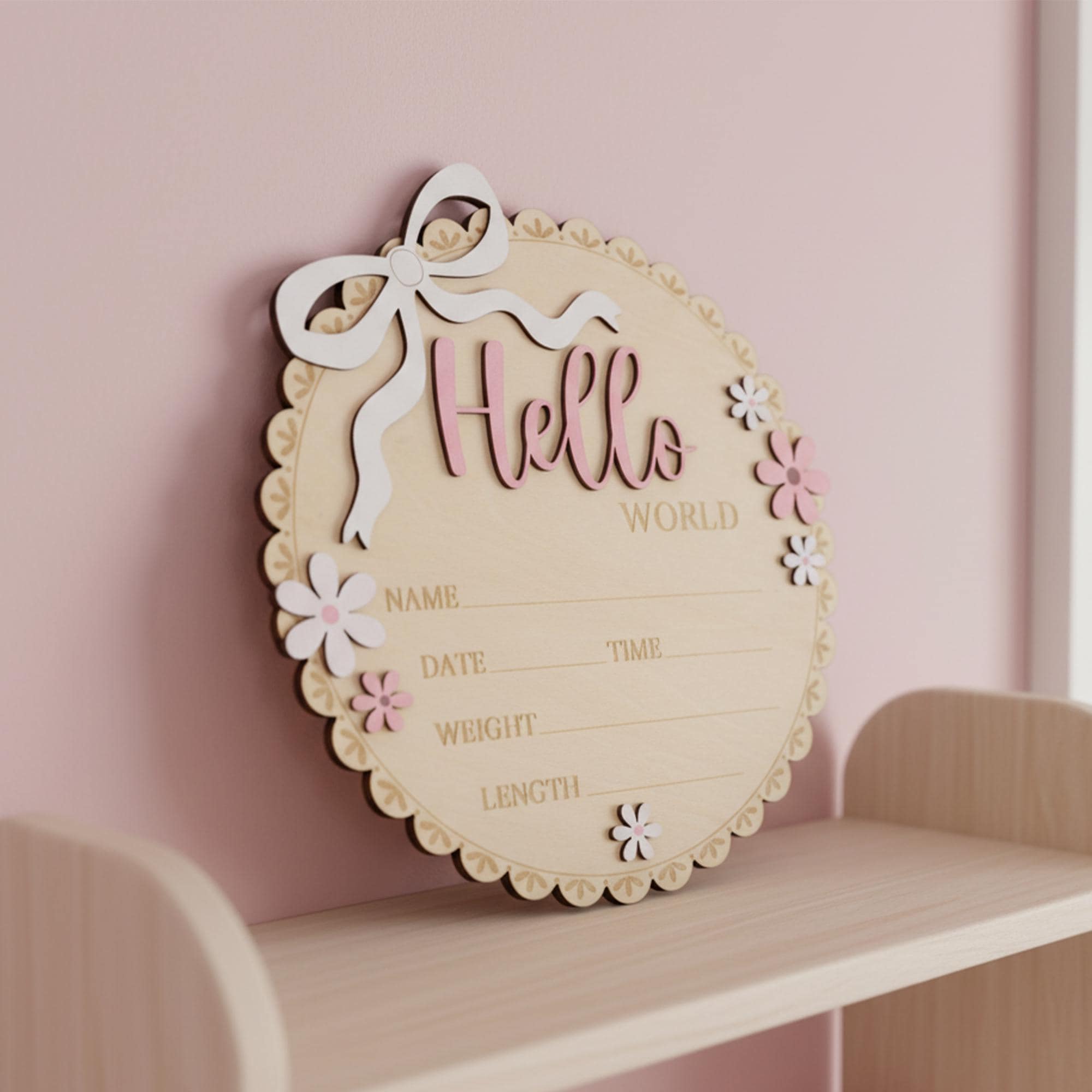Neutral Baby Girl Hello World Sign Wooden Floral Nursery Keepsake