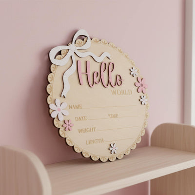 Neutral Baby Girl Hello World Sign Wooden Floral Nursery Keepsake