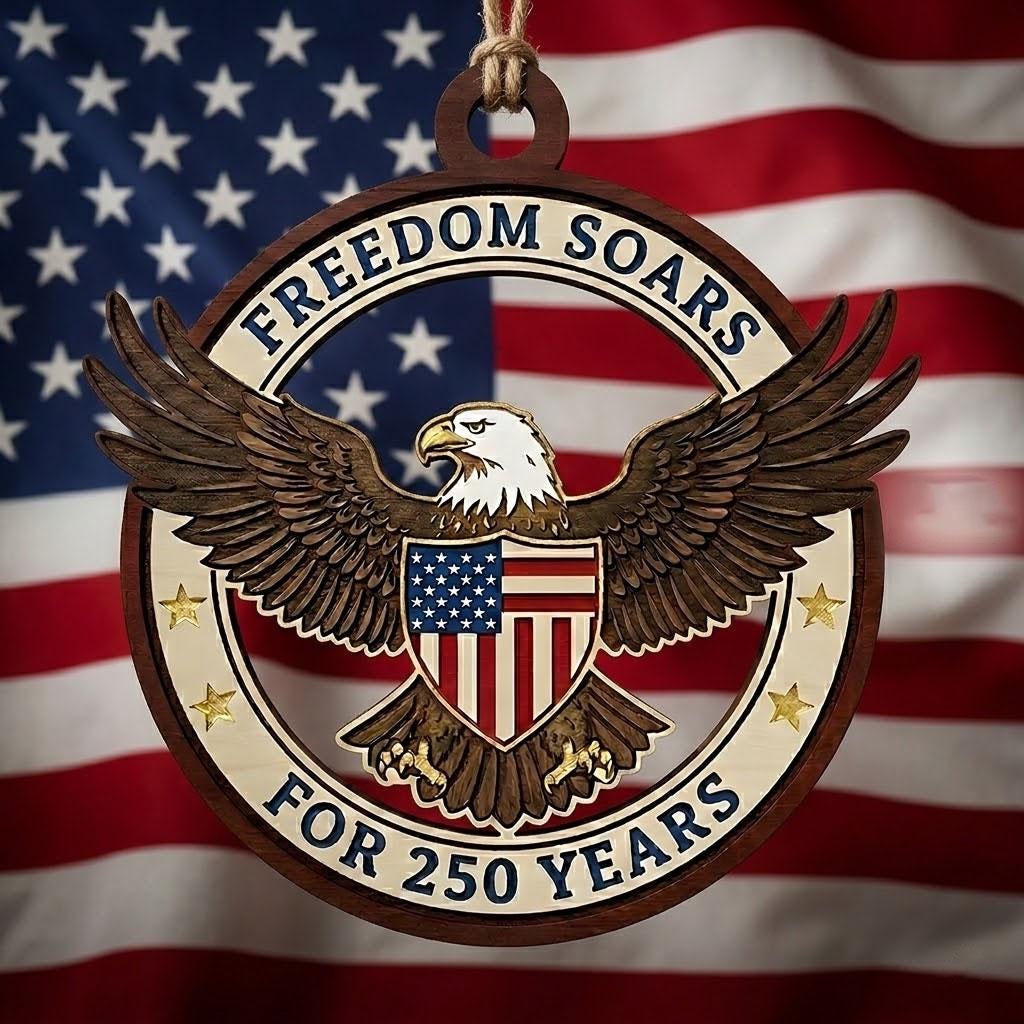 USA 250th Anniversary Ornament, Freedom Soars Wood Emblem, 1776-2026 Patriotic Eagle Gift, Semiquincentennial Wooden Decor