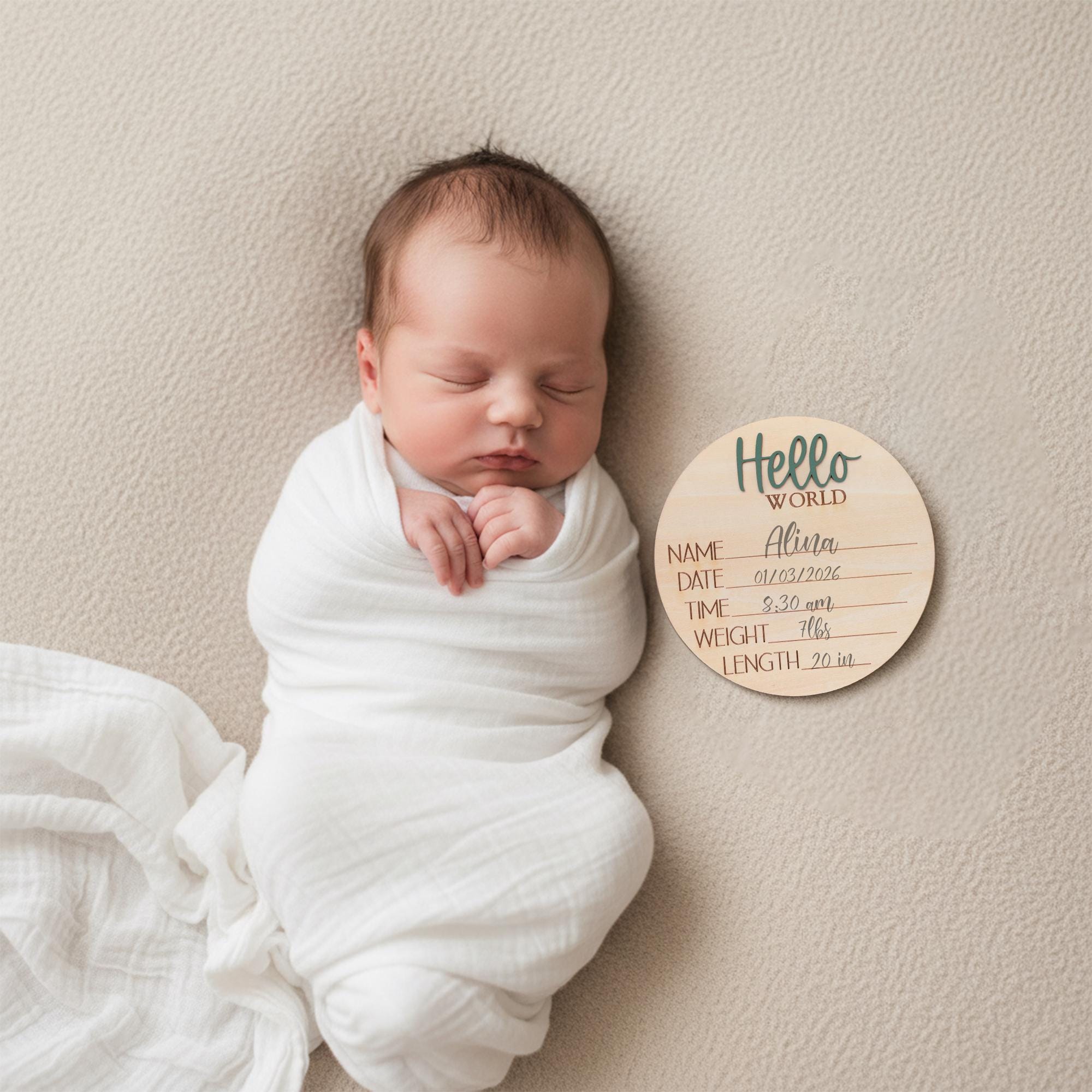 Newborn Hospital Baby Sign Hello World Wooden Birth Stats Photo Prop