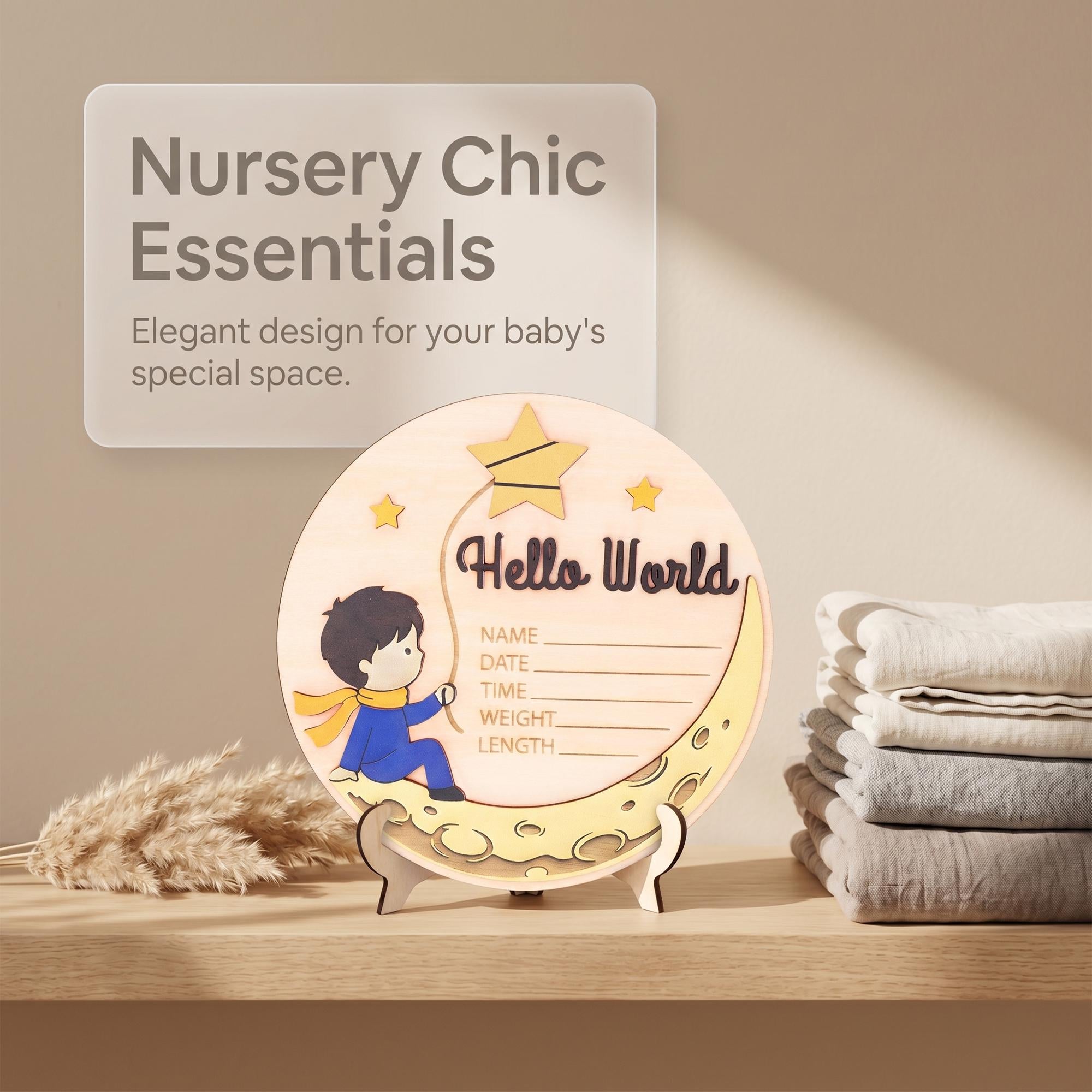 Little Prince Birth Stats Sign | 3D Moon and Stars Wooden Plaque | Hello World Newborn Announcement | Storybook Photo Prop | Baby Boy Gift