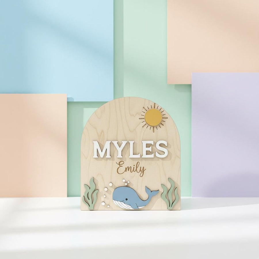 Personalized Baby Name Sign, Whale Nursery Decor, Custom Baby Name Plaque Wood, Ocean Theme Nursery Wall Sign