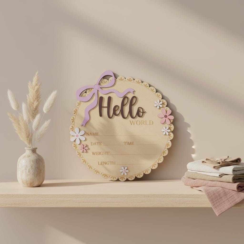Baby Girl Hello World Birth Keepsake Sign Wooden Floral Nursery Decor