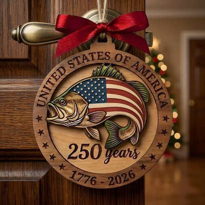 250th Anniversary Bass Fishing Ornament, US Semiquincentennial Gift for Fisherman, 1776-2026 Patriotic Fish Wood Keepsake Decor