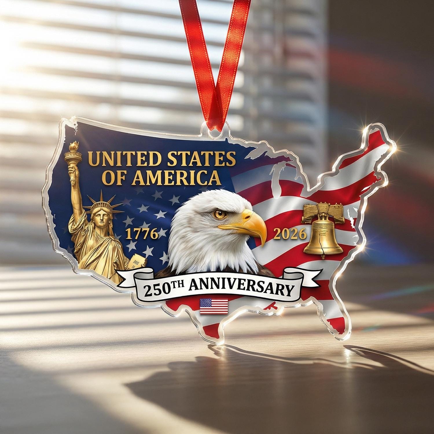 USA Map 250th Anniversary Ornament, Semiquincentennial Patriotic Gift, 1776-2026 United States Shape Decor, America Milestone Keepsake