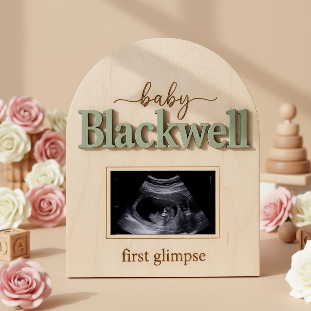 Baby Announcement Sign, Personalized Wooden Ultrasound Photo Pregnancy Reveal Sign, Custom Baby Name Nursery Decor