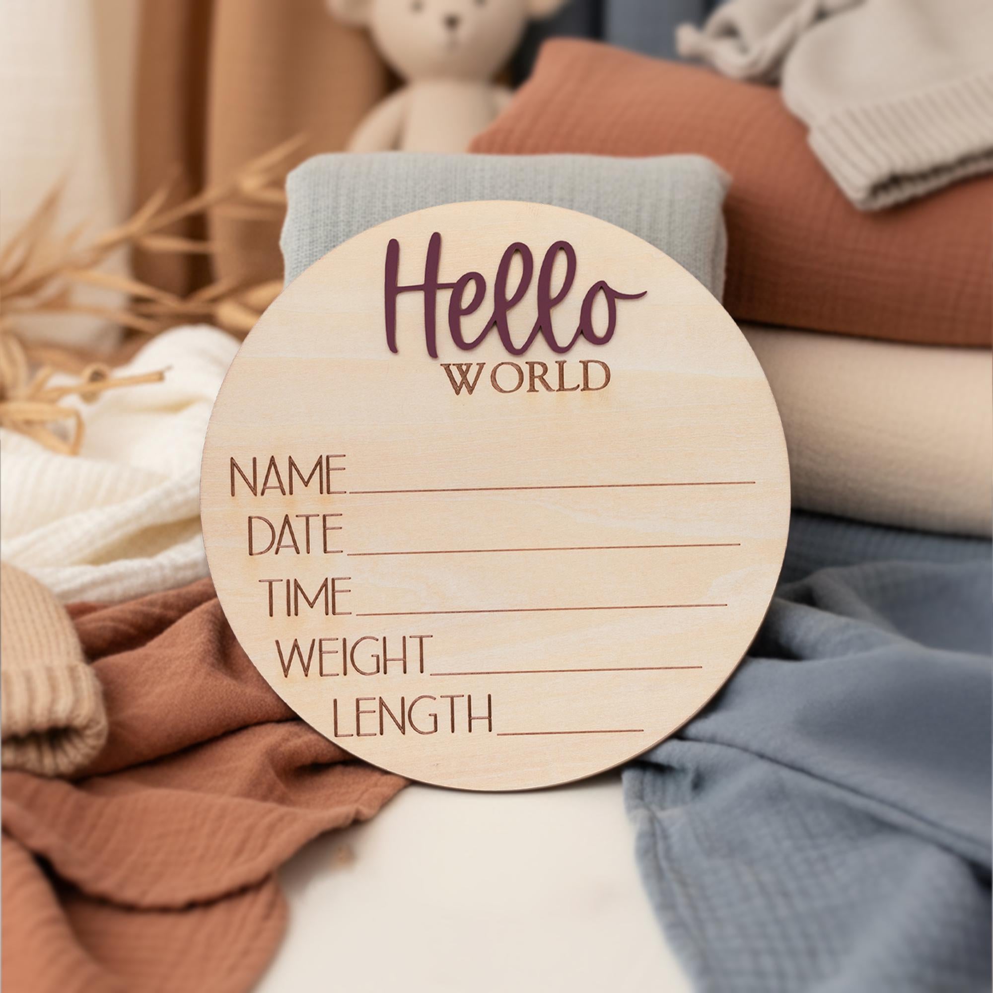 Hello World Newborn Hospital Sign Wooden Baby Photo Prop