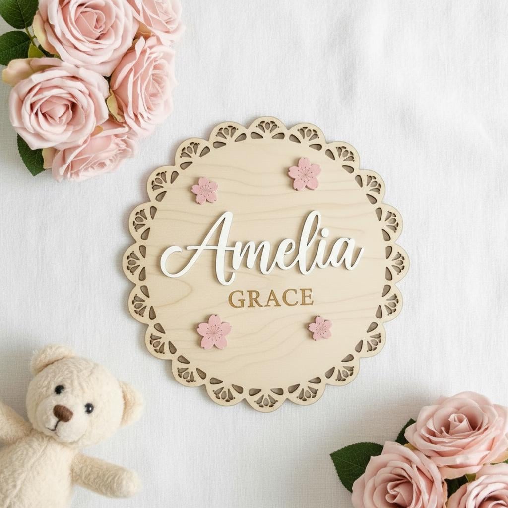 Personalized Baby Name Wood Sign, Floral Nursery Wall Decor