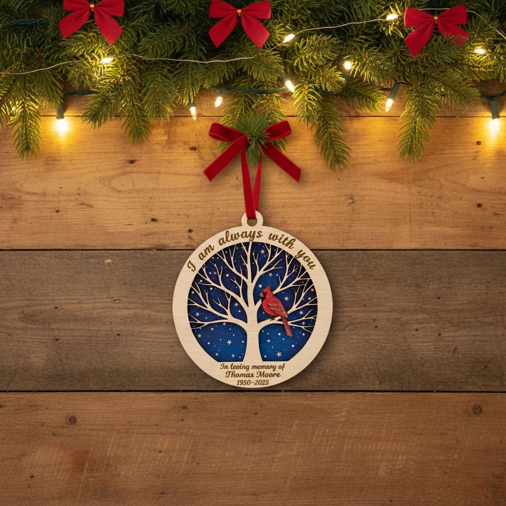 Personalized Memorial Christmas Ornament, Custom Wooden Ornament with Name and Years, Cardinal Remembrance Gift, Sympathy Keepsake, Ornament