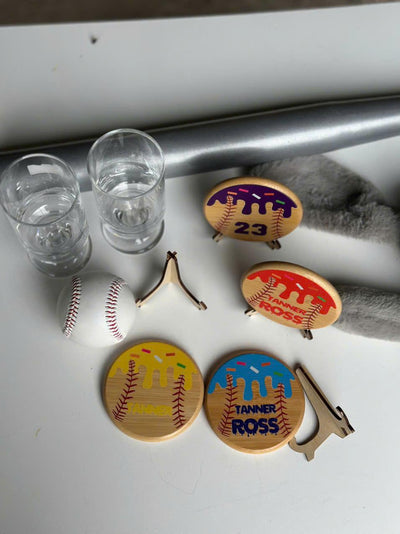 Personalized Baseball Bamboo Coaster: UV-Printed Drip Design