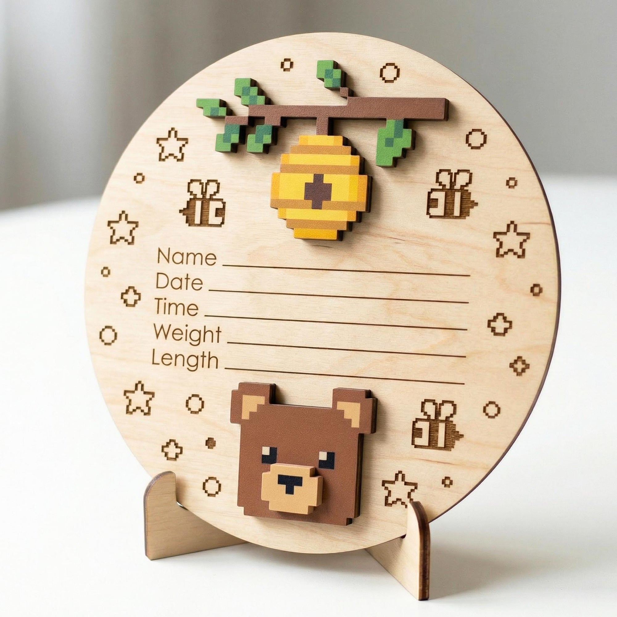 Pixel Art Bear Birth Stats Sign for Hospital | Honey Bee Wooden Newborn Plaque | Custom Unisex Baby Announcement | Nursery Prop