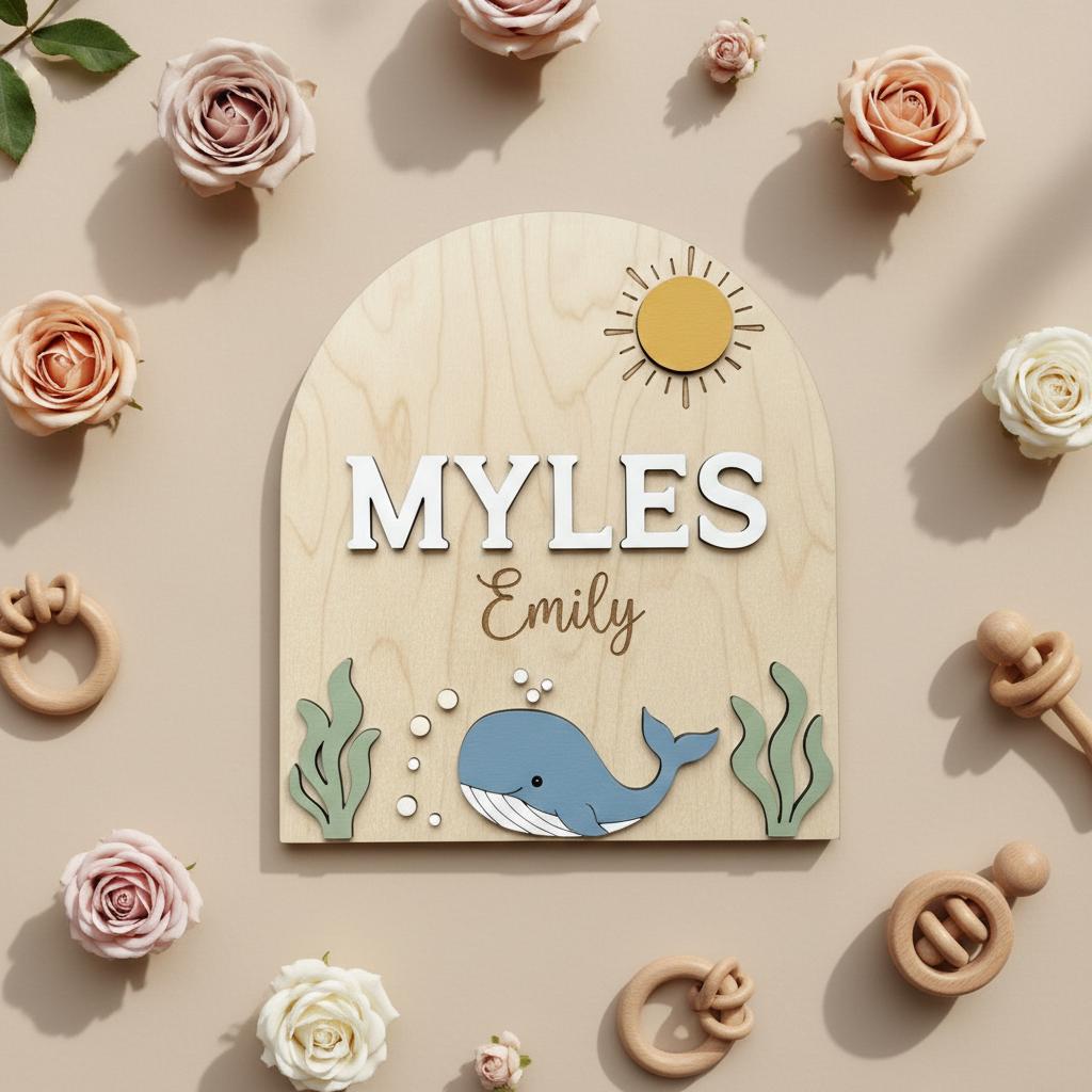Personalized Baby Name Sign, Whale Nursery Decor, Custom Baby Name Plaque Wood, Ocean Theme Nursery Wall Sign
