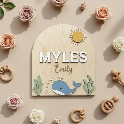 Personalized Baby Name Sign, Whale Nursery Decor, Custom Baby Name Plaque Wood, Ocean Theme Nursery Wall Sign