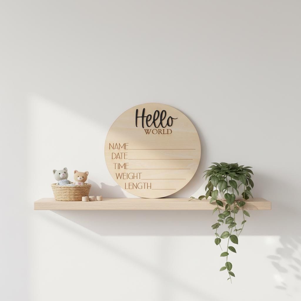 Hello World Baby Announcement Sign Personalized Wooden Keepsake