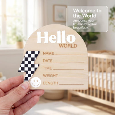 Checkered Lightning Bolt Birth Stats Sign | Retro Groovy Baby Name Plaque | Hello World Arch Photo Prop | Smiley Face Nursery Decor | Gift