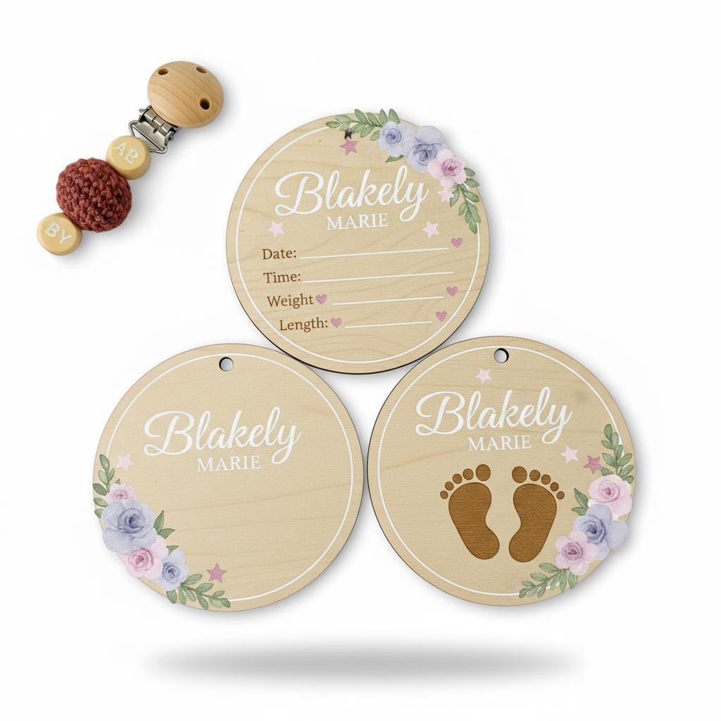 Personalized Baby Announcement Disc, Wooden Baby Birth Stats Sign, Custom Newborn Name Sign, Baby Announcement Photo Prop