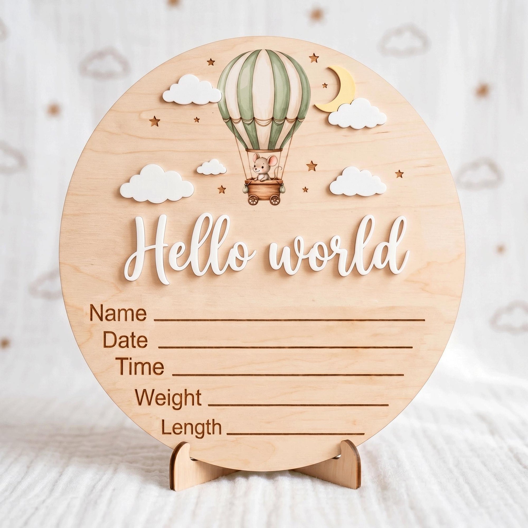 Hot Air Balloon Birth Stats Sign | 3D Mouse Wooden Baby Plaque | Acrylic Hello World Announcement | Neutral Adventure Prop