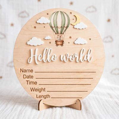 Hot Air Balloon Birth Stats Sign | 3D Mouse Wooden Baby Plaque | Acrylic Hello World Announcement | Neutral Adventure Prop