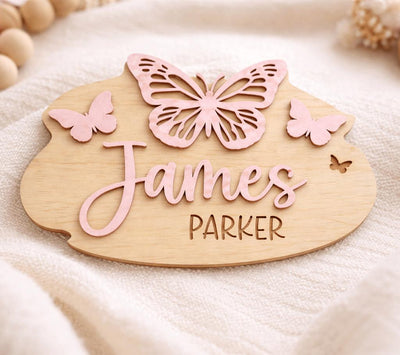 Baby Announcement Sign Set Personalized Wooden Baby Name Sign Butterfly Nursery Decor Birth Stats Sign Newborn Gift Set