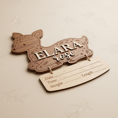 Woodland Deer Birth Stats Sign | Hanging Nameplate Wooden Newborn Plaque | Custom Baby Fawn Announcement | Forest Nursery Decor