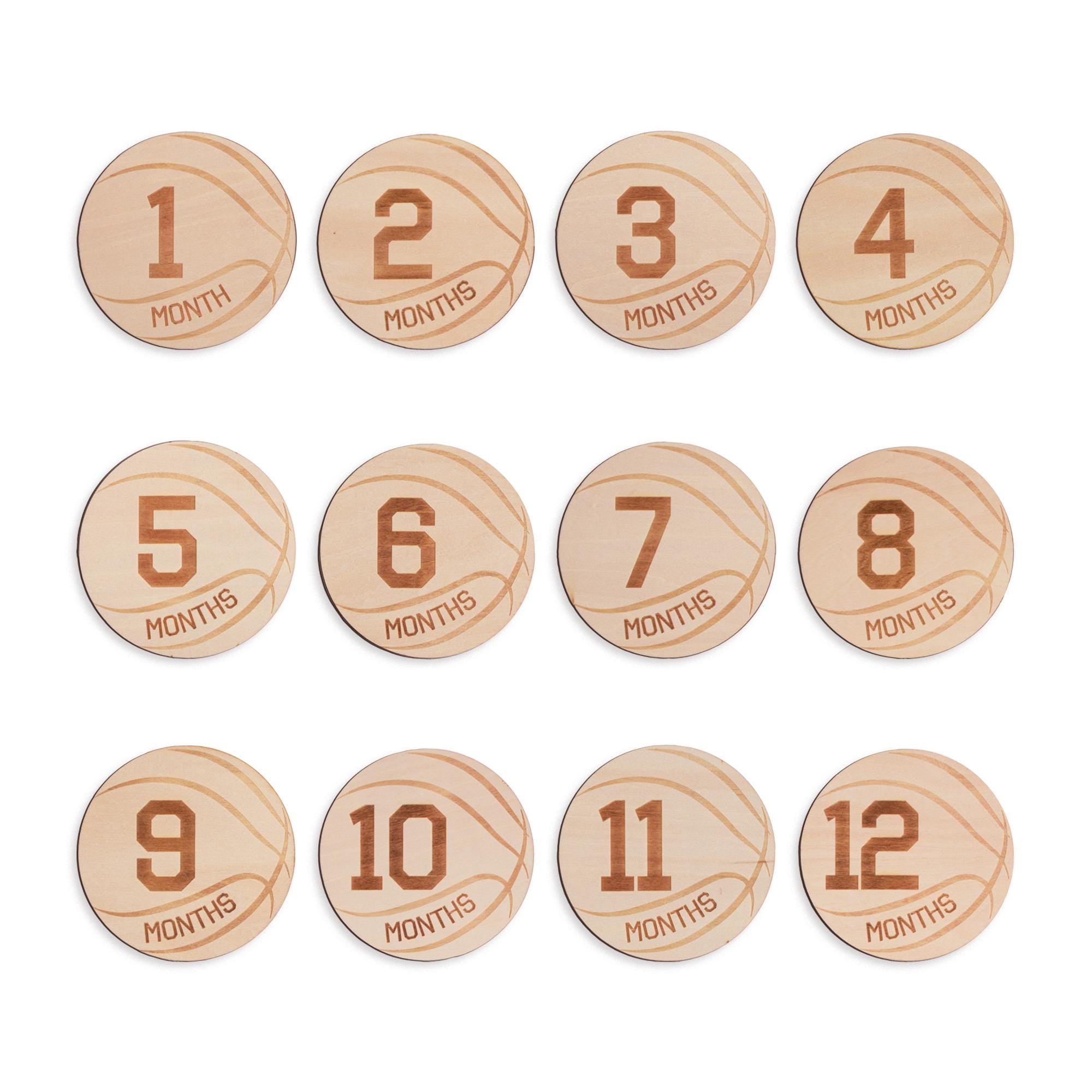 Wooden Baby Monthly Milestone Discs Set, Basketball Baby, Engraved Newborn Photo Prop, Baby Shower Keepsake Gift, Gift For Newborn, Baby Boy