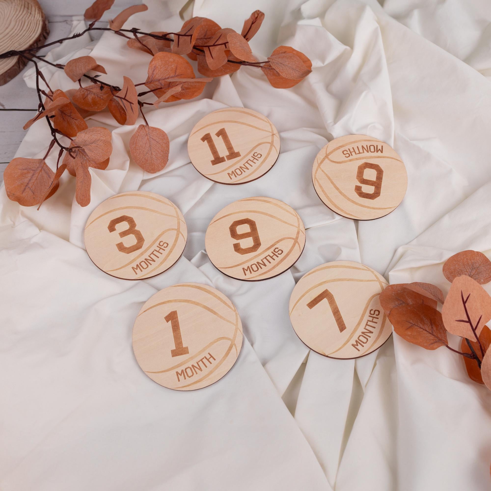 Wooden Baby Monthly Milestone Discs Set, Basketball Baby, Engraved Newborn Photo Prop, Baby Shower Keepsake Gift, Gift For Newborn, Baby Boy
