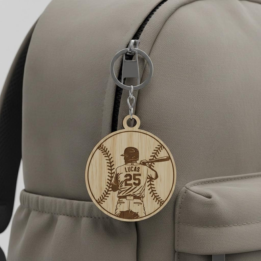 Personalized Wooden Baseball Keychain Custom Player Name and Number, Engraved Baseball Player Keychain, Little League Gift