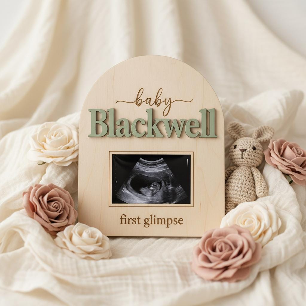 Baby Announcement Sign, Personalized Wooden Ultrasound Photo Pregnancy Reveal Sign, Custom Baby Name Nursery Decor