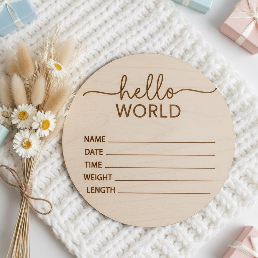 Hello World Baby Birth Announcement Sign, Personalized Wooden Newborn Keepsake