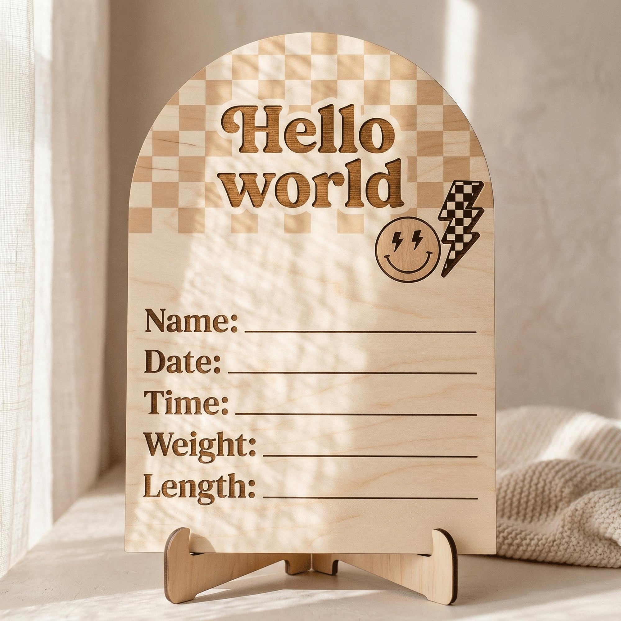 Retro Groovy Birth Stats Sign | Checkerboard Arch Wooden Newborn Plaque | Custom Smiley Baby Announcement | Neutral Nursery Prop