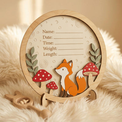 Woodland Fox Birth Stats Sign | Mushroom 3D Wooden Newborn Plaque | Custom Forest Baby Announcement | Neutral Nursery Decor