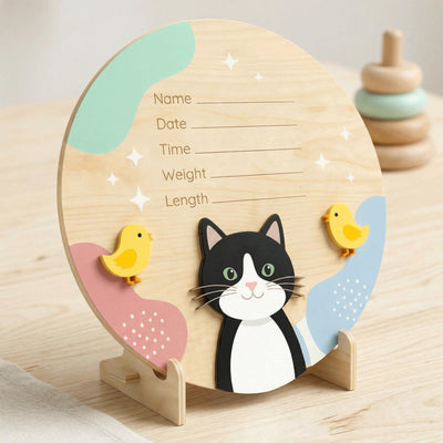 Tuxedo Cat Birth Stats Sign | Baby Chick 3D Wooden Newborn Plaque | Custom Kitten Baby Announcement | Neutral Nursery Decor