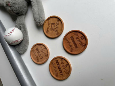 Personalized Baseball Wooden Coasters: Custom Name & Number