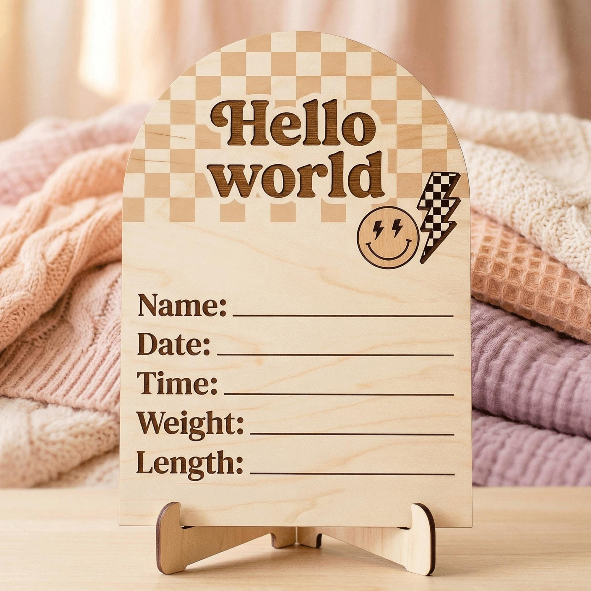 Retro Groovy Birth Stats Sign | Checkerboard Arch Wooden Newborn Plaque | Custom Smiley Baby Announcement | Neutral Nursery Prop