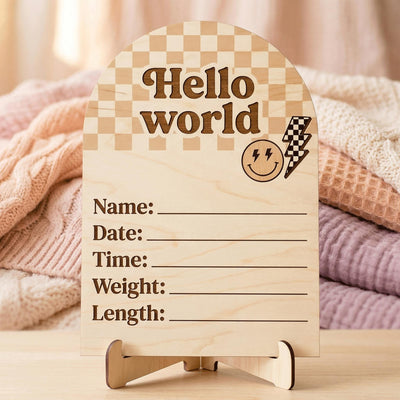 Retro Groovy Birth Stats Sign | Checkerboard Arch Wooden Newborn Plaque | Custom Smiley Baby Announcement | Neutral Nursery Prop