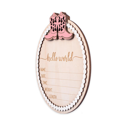 Western Baby Nursery Sign, Hello World Sign, Baby Announcement Sign with Pink Cowgirl Boots, Rustic Baby Photo Prop, Baby Shower Gift