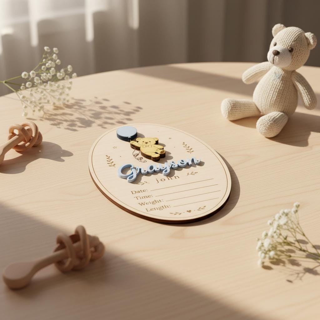 Teddy Bear Birth Stats Sign | 3D Balloon Oval Wooden Plaque | Custom Baby Boy Girl Announcement | Whimsical Nursery Photo Prop