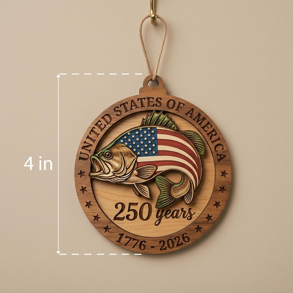 250th Anniversary Bass Fishing Ornament, US Semiquincentennial Gift for Fisherman, 1776-2026 Patriotic Fish Wood Keepsake Decor