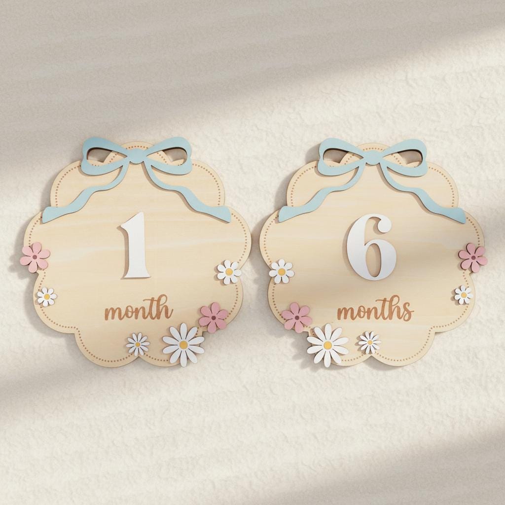 Wooden Baby Monthly Milestone Signs Set, Floral Nursery Photo Props