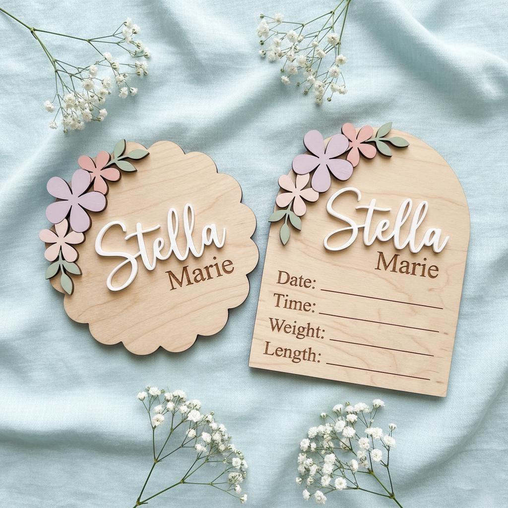 Pastel Floral Birth Stats Sign | Multi Style Arch or Scallop Wooden Plaque | 3D Name Baby Girl Announcement | Nursery Photo Prop