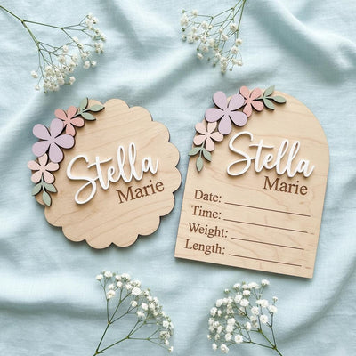 Pastel Floral Birth Stats Sign | Multi Style Arch or Scallop Wooden Plaque | 3D Name Baby Girl Announcement | Nursery Photo Prop