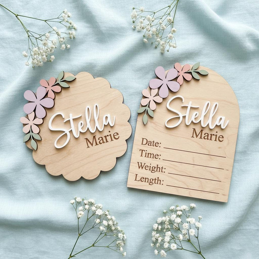 Pastel Floral Birth Stats Sign | Multi Style Arch or Scallop Wooden Plaque | 3D Name Baby Girl Announcement | Nursery Photo Prop