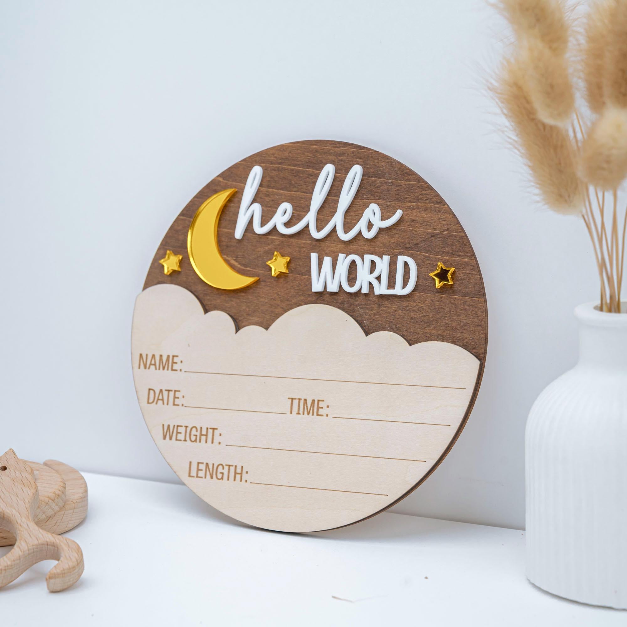 Personalized Hello World Sign, Wooden Birth Announcement Sign, Moon & Stars Baby Name Reveal, Baby Birth Stats Sign, Nursery Space Theme