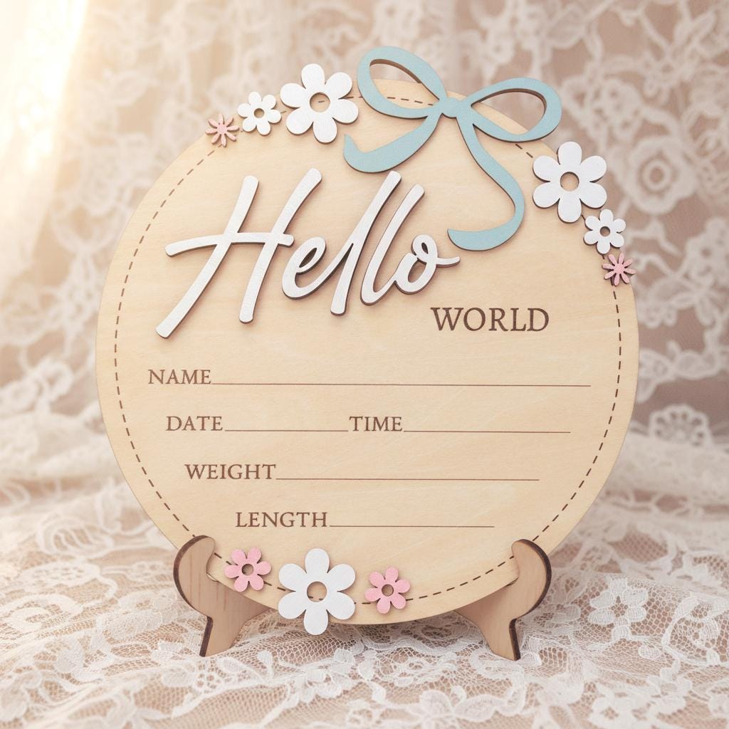 Baby Announcement Sign Pink Bow, Floral Baby Name Sign, Wooden Hello World Sign, Floral Birth Stats Sign,Floral Birth Announcement,Baby Sign