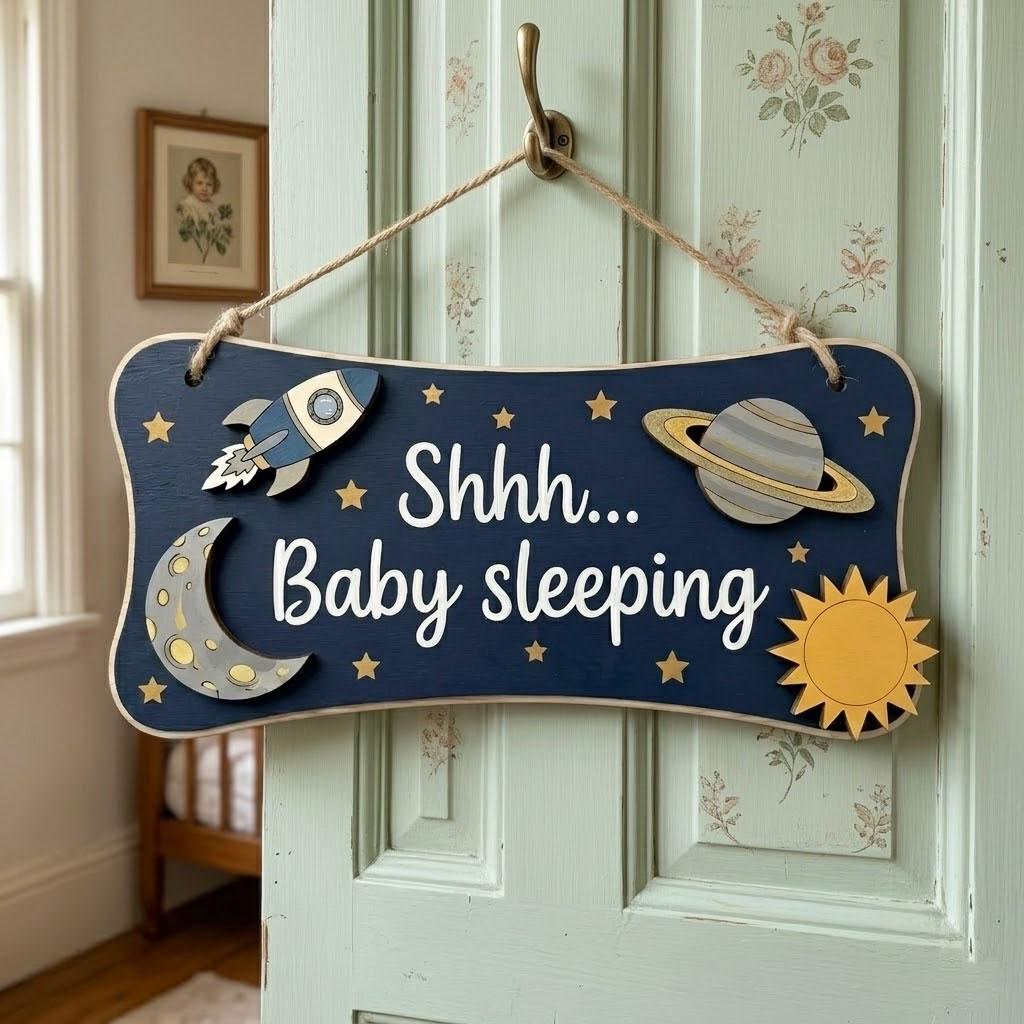 Baby Sleeping Door Sign Do Not Disturb | Outer Space Wooden Hanger | Rocket Ship Shh Plaque | Custom Galaxy Boy Nursery Decor