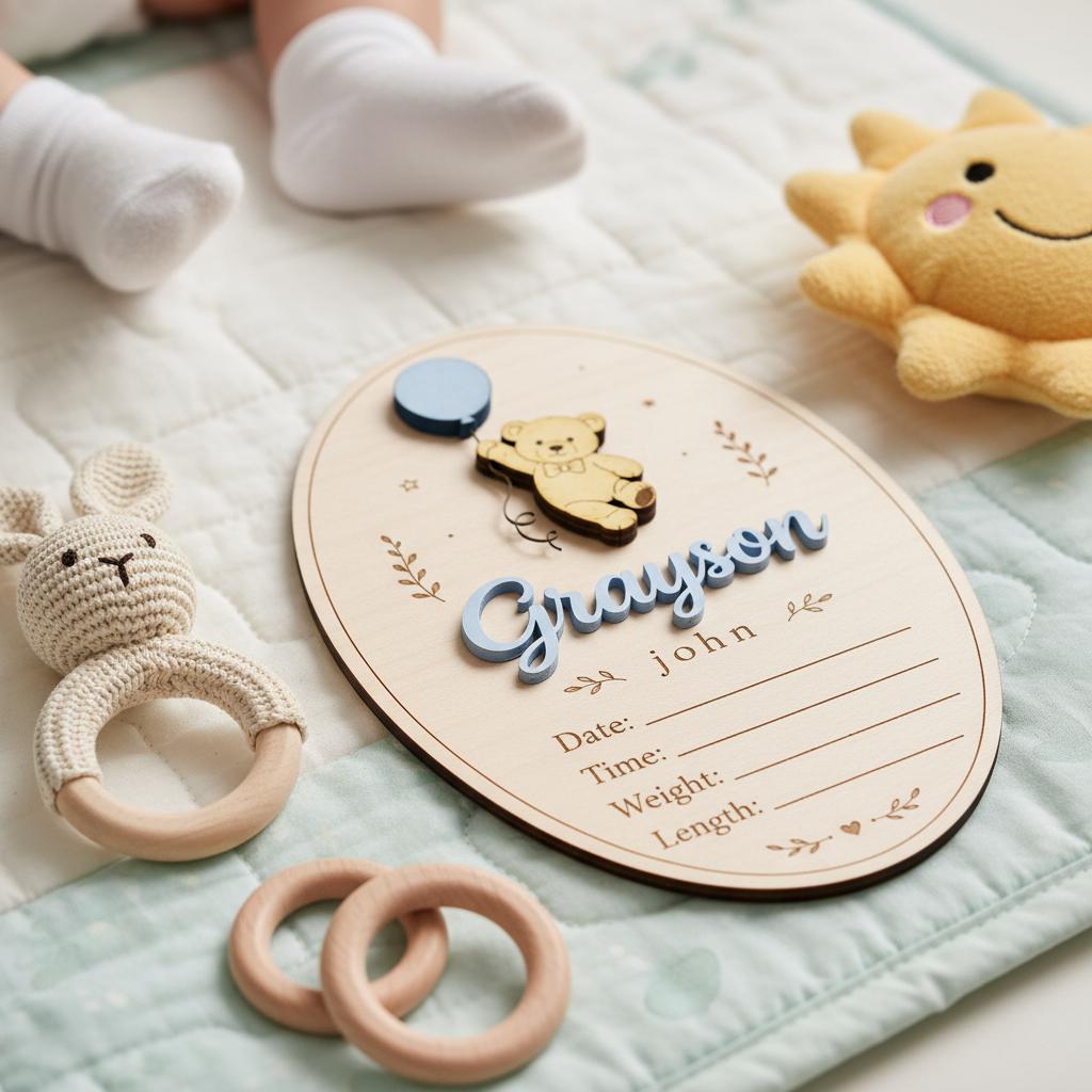 Teddy Bear Birth Stats Sign | 3D Balloon Oval Wooden Plaque | Custom Baby Boy Girl Announcement | Whimsical Nursery Photo Prop