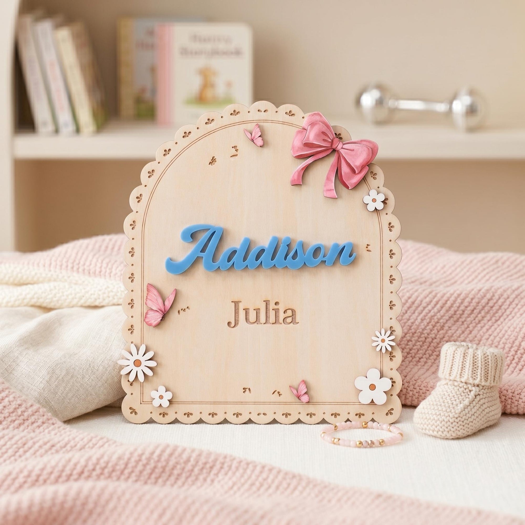 Personalized Baby Name Sign for Nursery Pink Bow Birth Announcement Sign for Hospital Custom Wood Name Plate Girl Newborn Gift